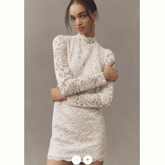 Anthropologie Dresses & Skirts - BHLDN Long-Sleeve Mock-Neck Lace Stretch Satin Mini Dress - Anthropologie - S